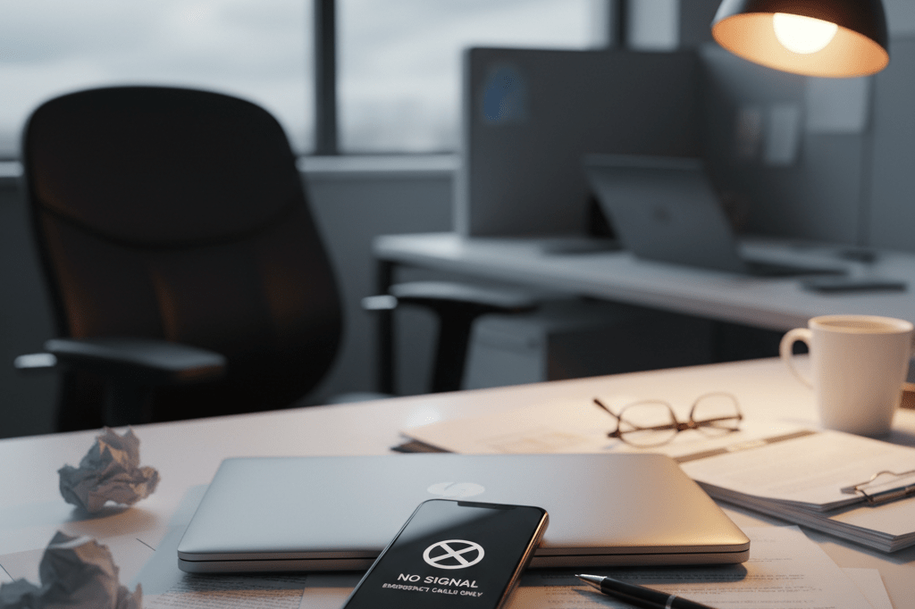 An office desk with a laptop, phone showing no signal, and papers lit by ambient light, highlighting connectivity disruption impacts