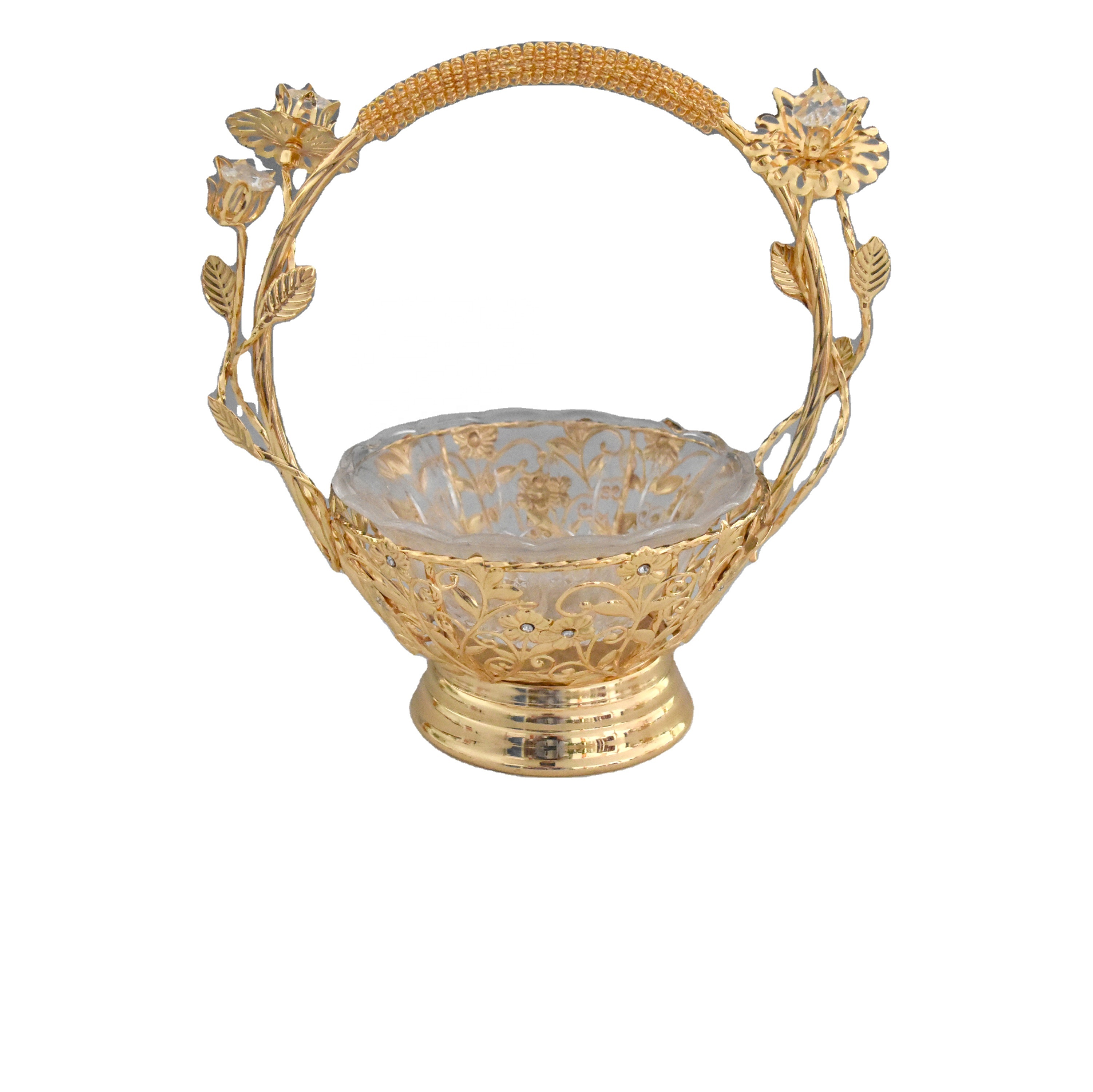 Золотые металлические свадебные украшения, тарелки, посуда, фруктовая Тарелка с ручкой