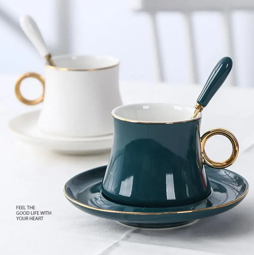 con caja de regalo. Juego de 2 tazas para café y té de porcelana china cerámica elegante con platillo y cuchara