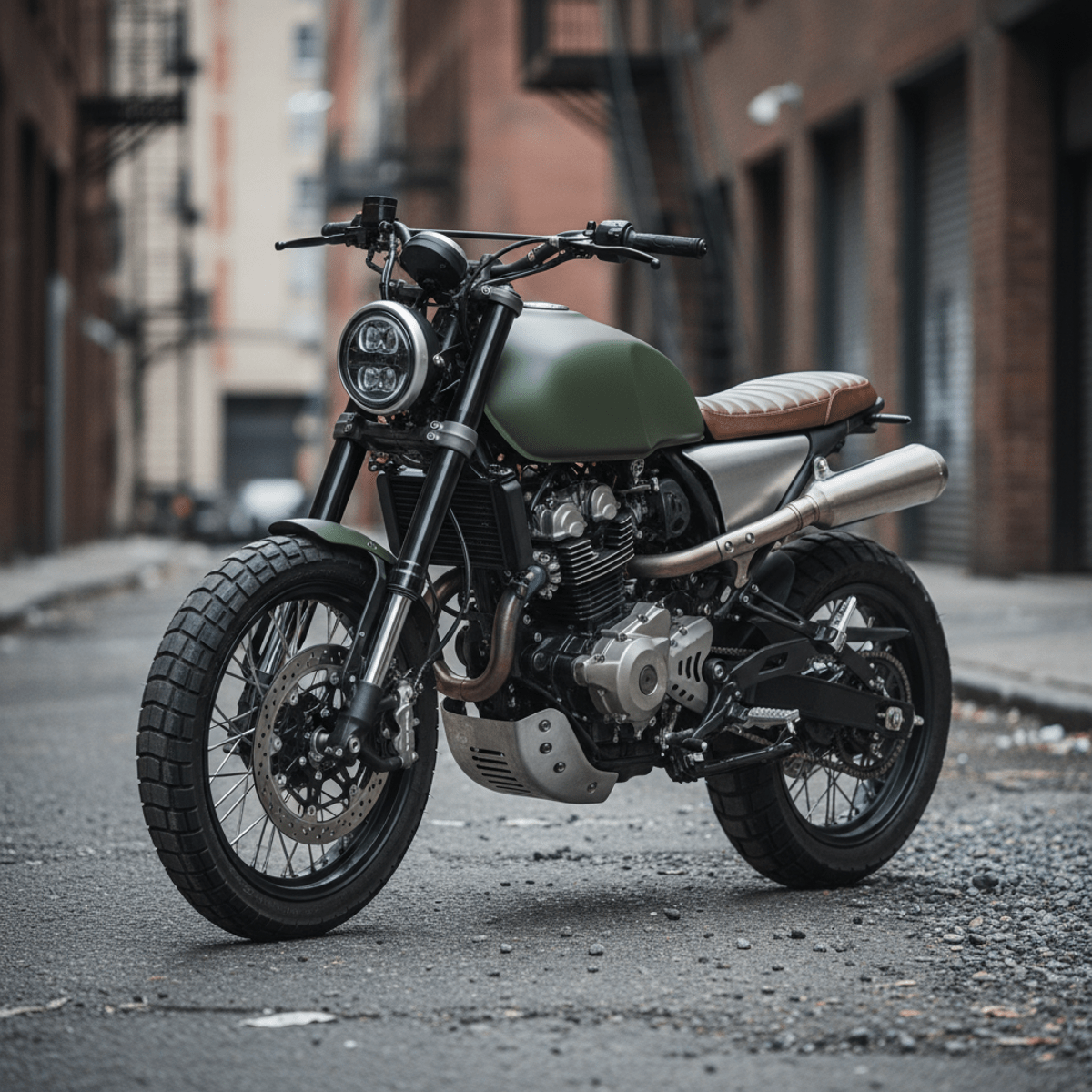 Matte military green urban scrambler motorcycle with wire-spoked wheels on a gritty street.