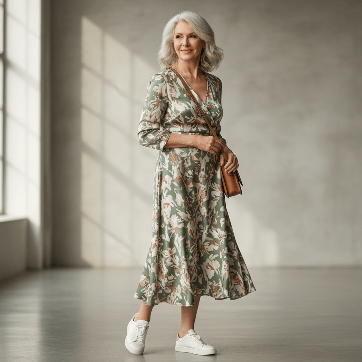 Elegant woman over sixty in a flowing silk midi dress with botanical print and white sneakers.