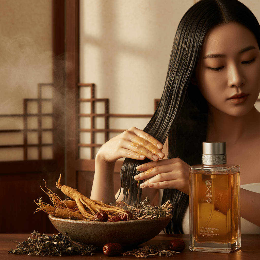 Elegant Korean hair care with red ginseng essence. Model applies red ginseng essence to glossy black hair in elegant Korean ritual.
