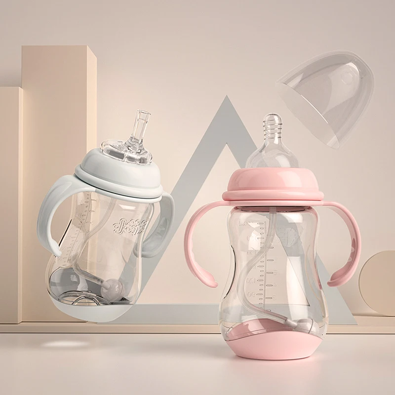 Оптовая продажа, детские пластиковые бутылки для молока, Детская стеклянная бутылка, детская бутылка для питьевой воды с соломинкой и ручкой
