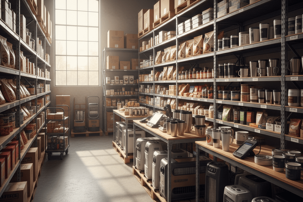 Shelves stocked with comfort foods and heaters in a retail stockroom lit by natural light, showing readiness for seasonal weather impacts
