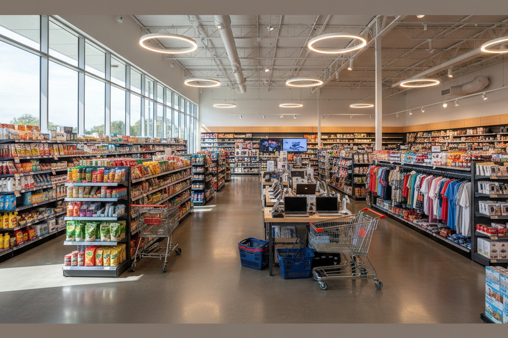 Wide shot of a busy Australian retail space with stocked shelves and shopping carts under natural and ambient light, showcasing heightened purchasing activity