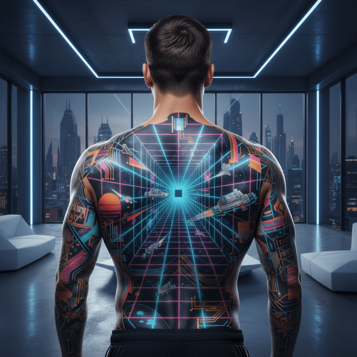 Futuristic loft with man's 80s-90s sci-fi back tattoo. Man with retro sci-fi tattoo in a cool LED lit futuristic loft.
