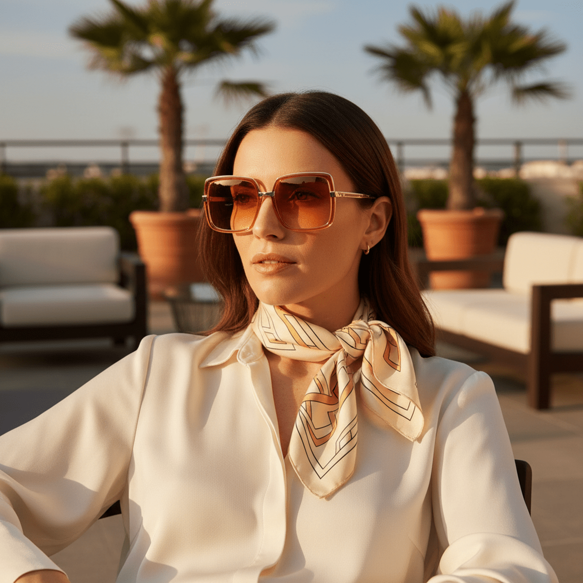 Woman in 70s-inspired square sunglasses on a sunlit terrace.