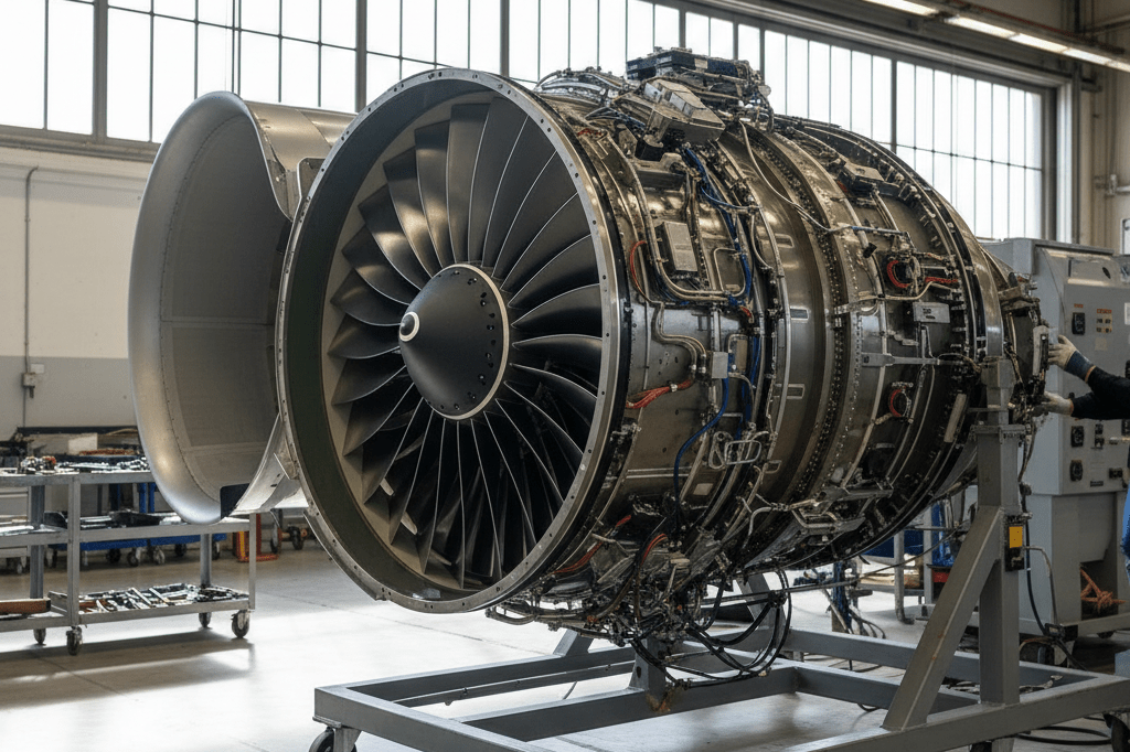Medium shot of a LEAP-1B–style jet engine on a service stand in a bright industrial hangar with natural and artificial lighting