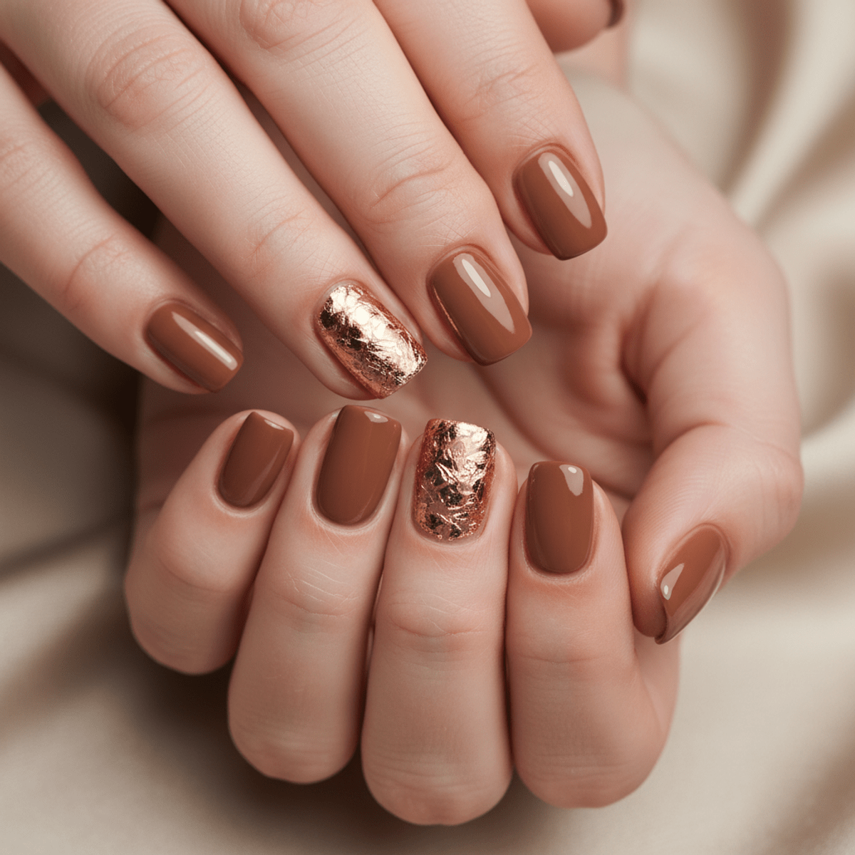Close-up of mocha mousse nails with gold foil flecks and a glossy finish.