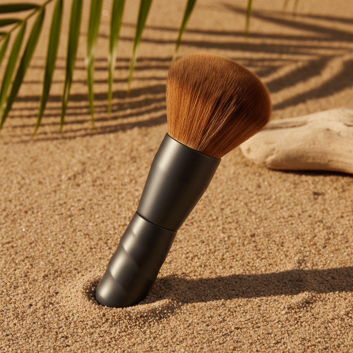 Eco-friendly bronzer brush with recycled plastic handle on textured sand.