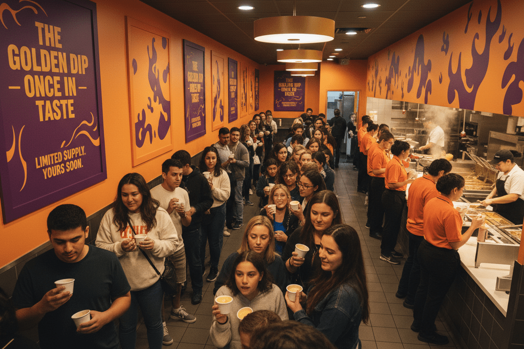 Wide shot of customers eagerly participating in a limited-edition sauce promotion inside a warmly lit fast-food venue