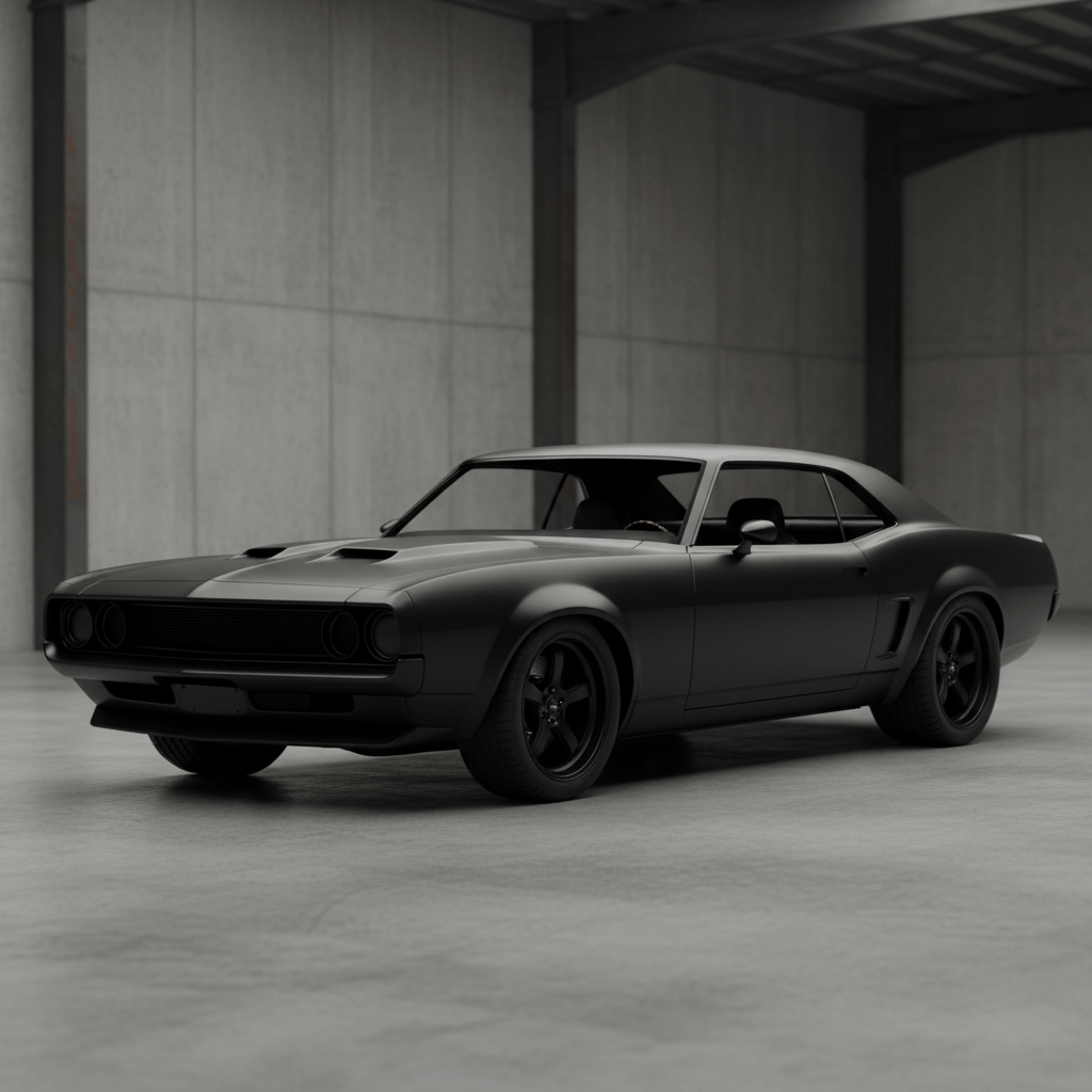 Sleek 1960s muscle car with satin black wrap in minimalist warehouse.