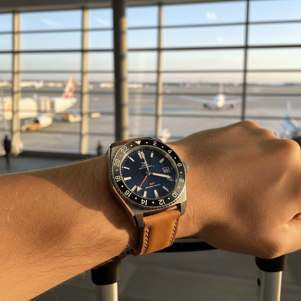 Modern GMT wristwatch with titanium case and leather strap at airport.
