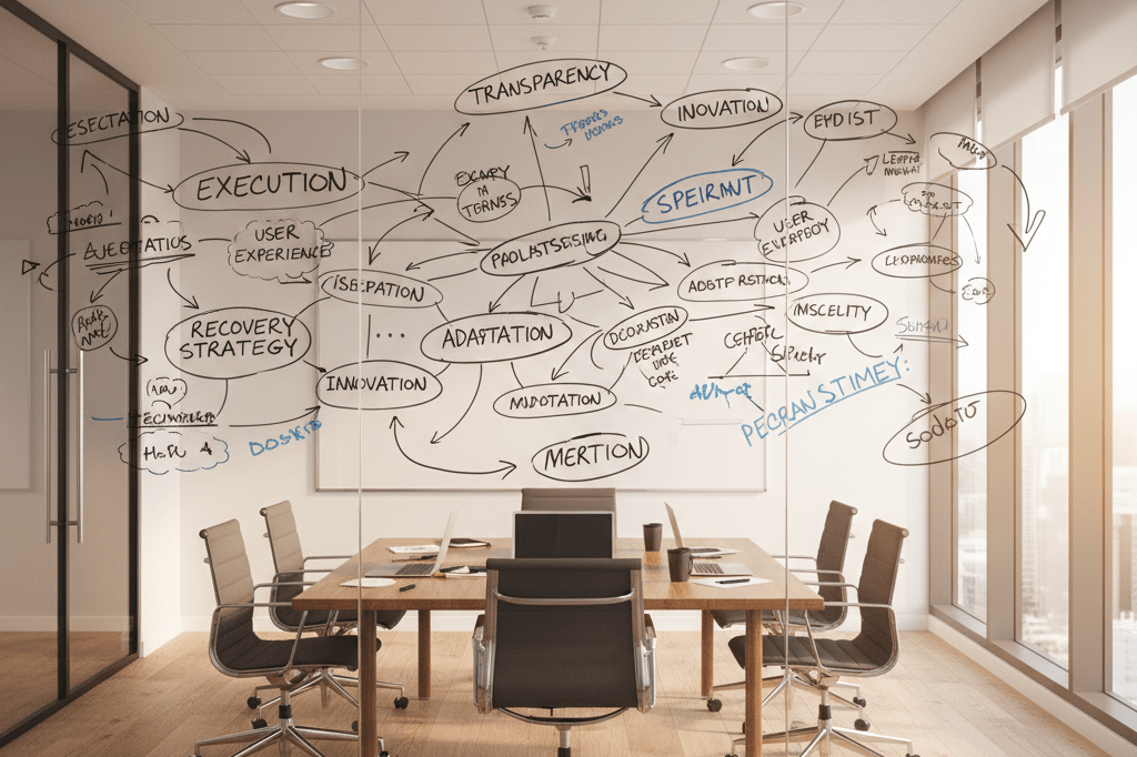Wide shot of an office meeting room with whiteboard notes on transparency and user experience under warm ambient lighting