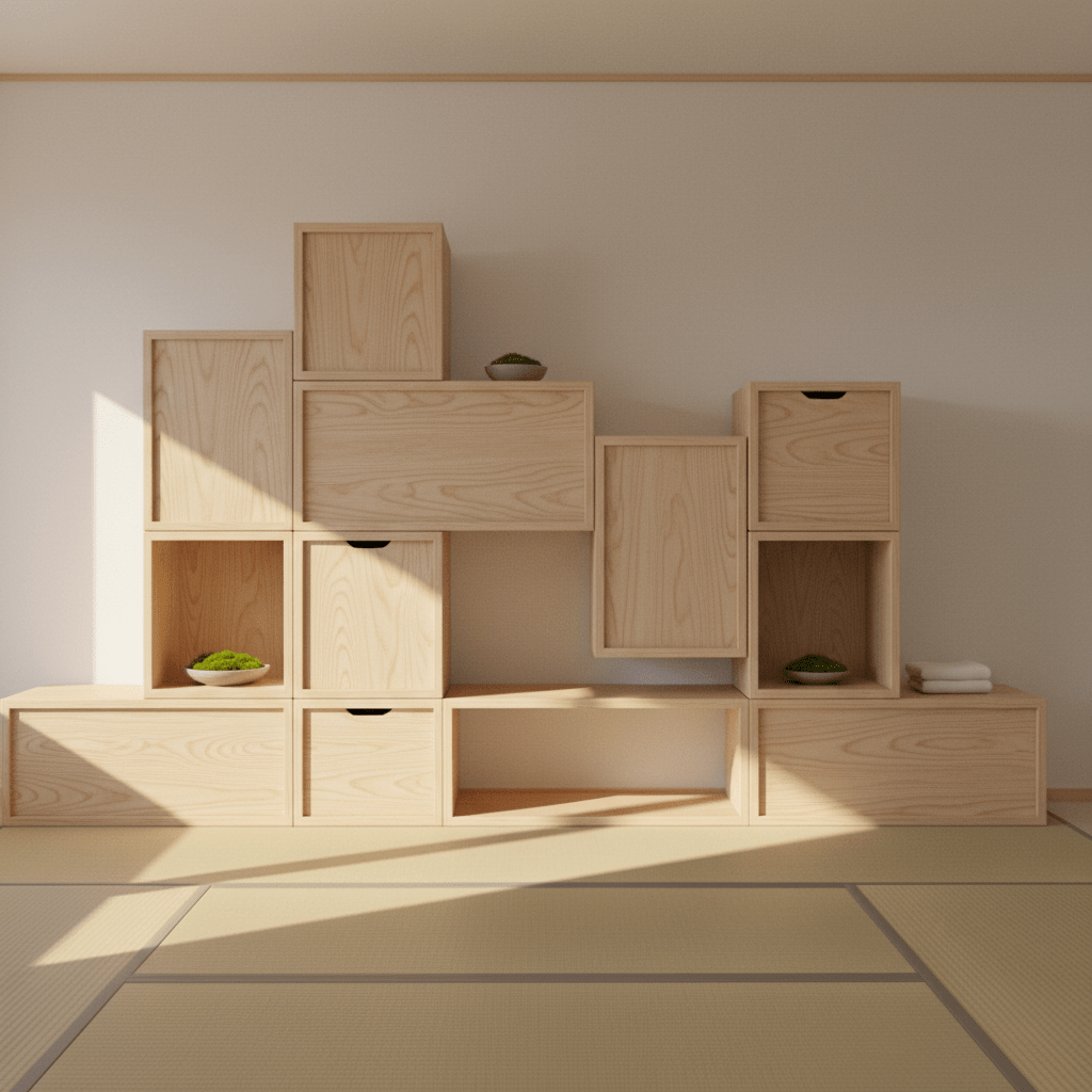 Meditative room with modular Paulownia wood storage boxes and tatami mat flooring.