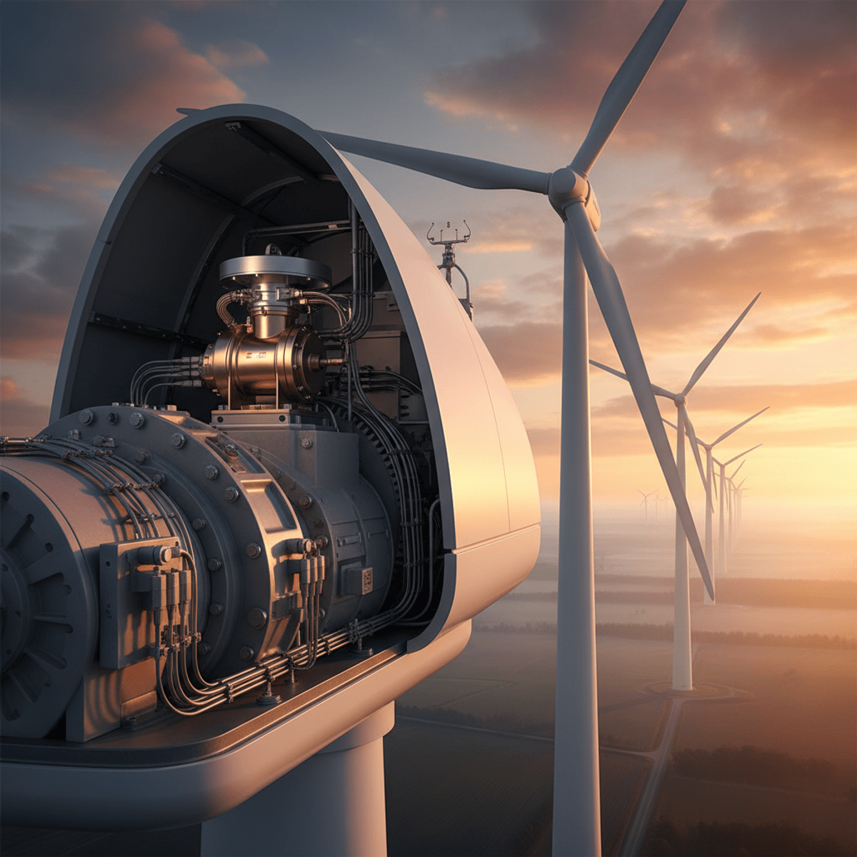 Open wind turbine nacelle with electric pump and satellite tech. Modern wind turbine with open nacelle revealing electric oil pump, satellite hardware.