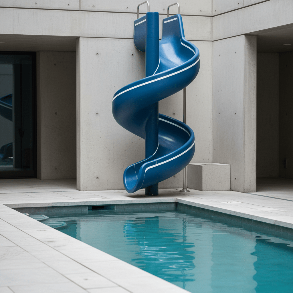 Sleek azure pool slide with spiral curves in a modern urban courtyard.