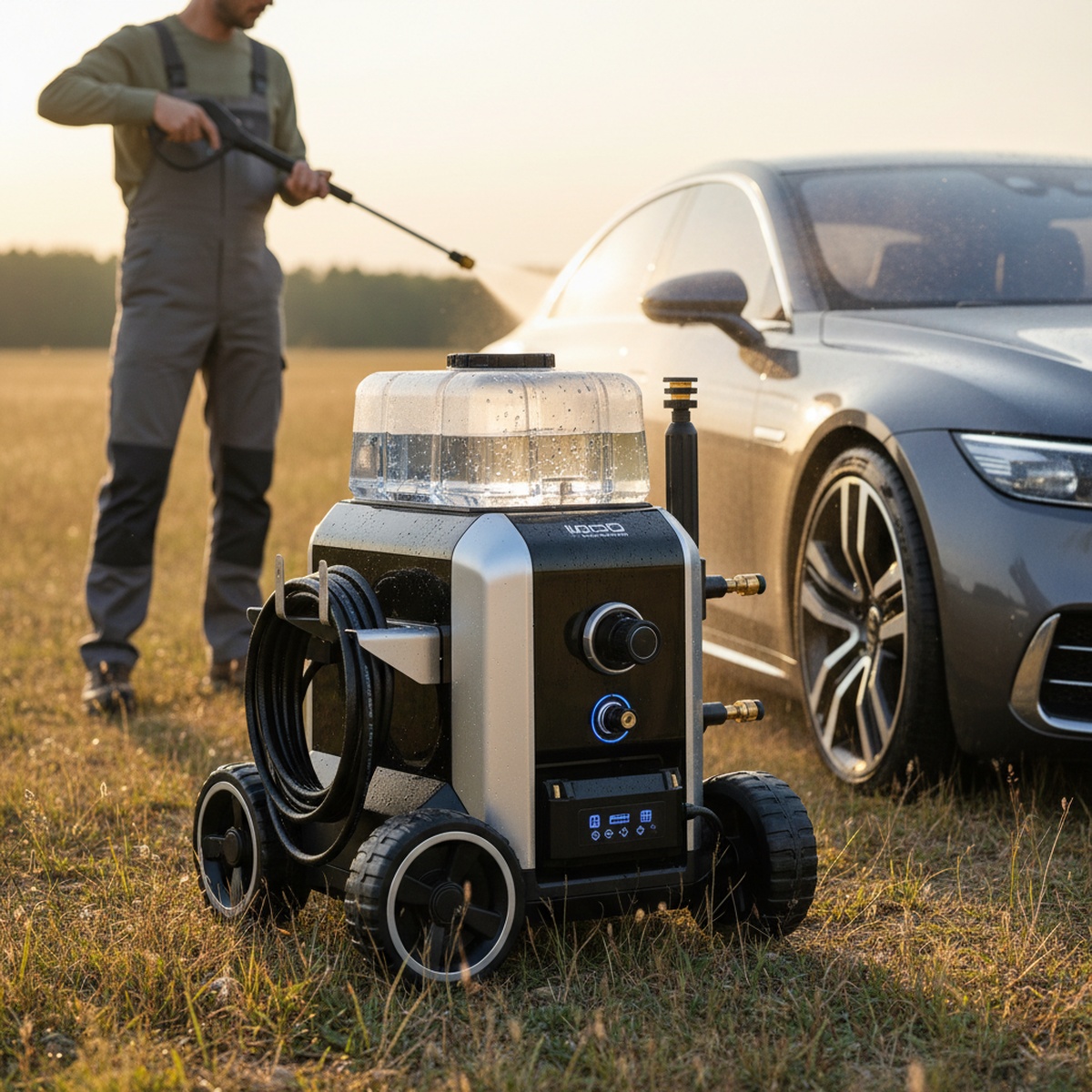 Compact, wheeled pressure washer for car detailing, powered by battery.