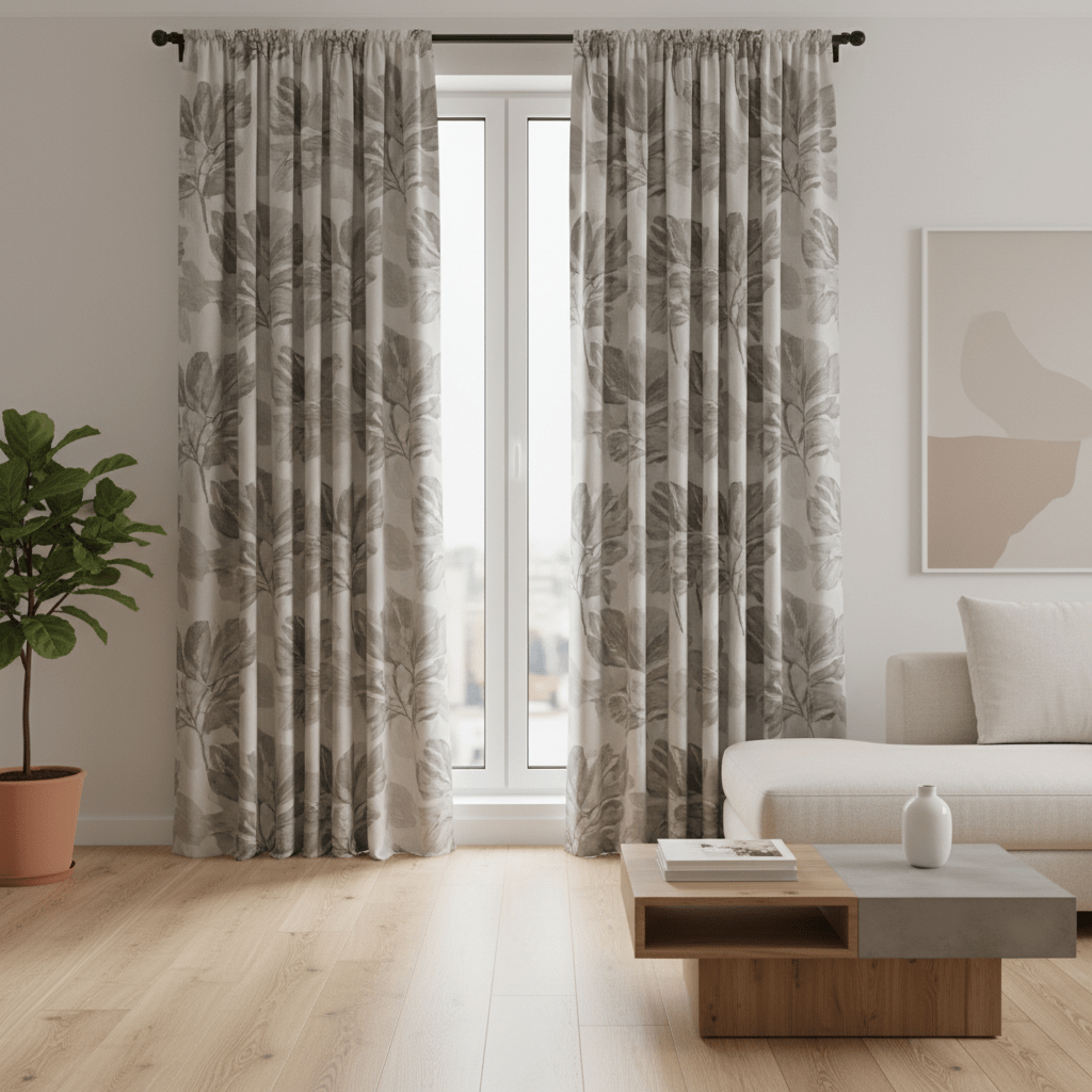 Modern grey taupe leaf print cotton curtains Heavy cotton curtains with tone-on-tone stylized leaf prints in a muted grey and taupe palette.