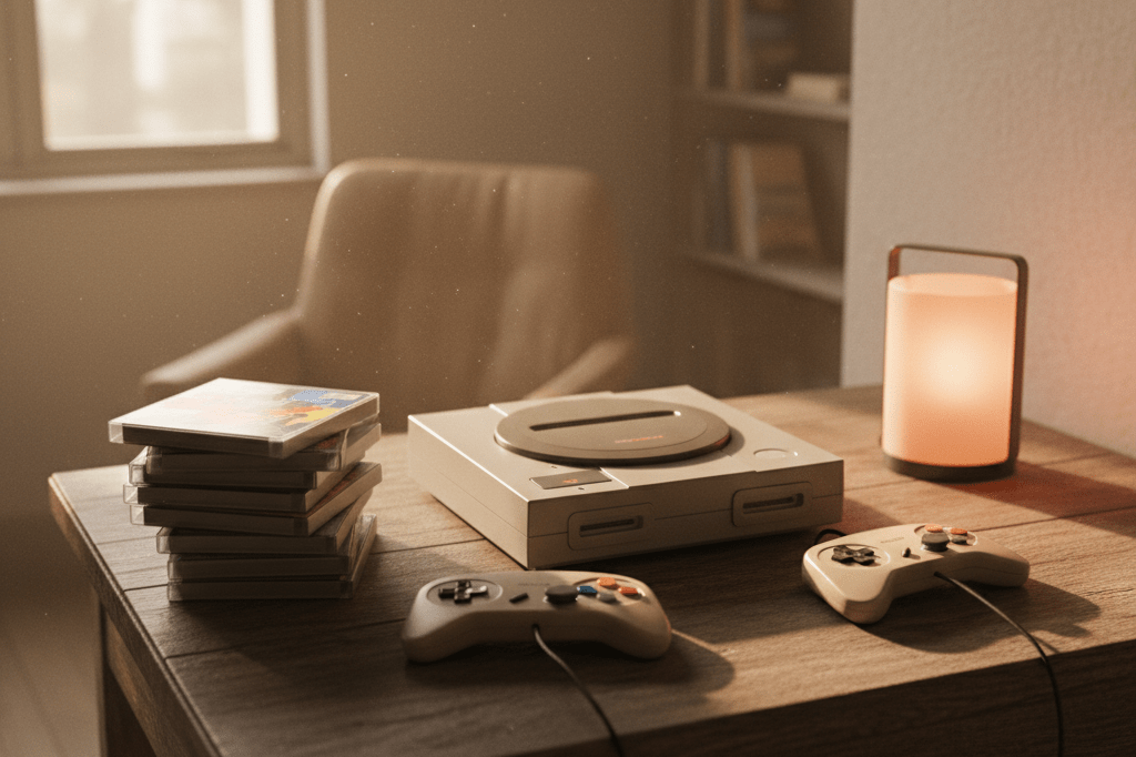 Wooden desk displaying retro gaming console and accessories under warm lighting, highlighting nostalgia-driven commerce