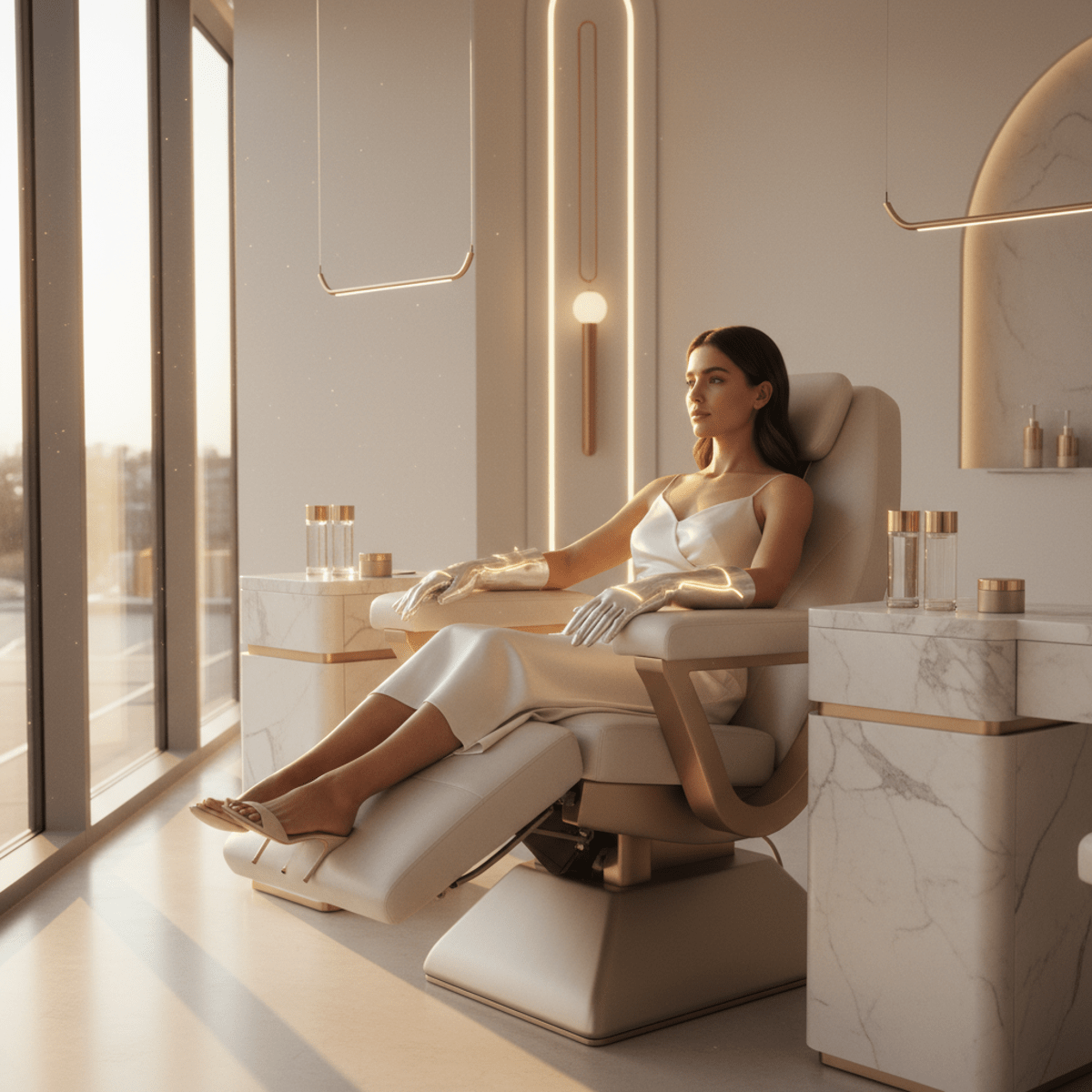 Person receiving futuristic metallic microcurrent glove nail treatment with glowing effect.