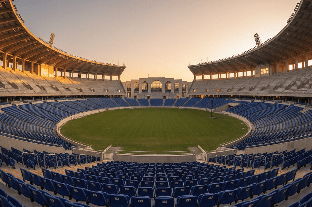 Wide-angle view of an unoccupied stadium with detailed seating arrangements under warm ambient light