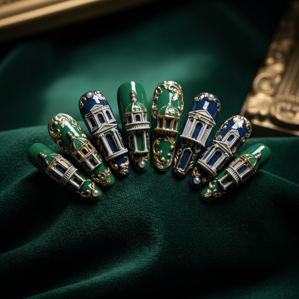 Maximalist baroque acrylic nails with miniature palace sculptures and gold leaf.