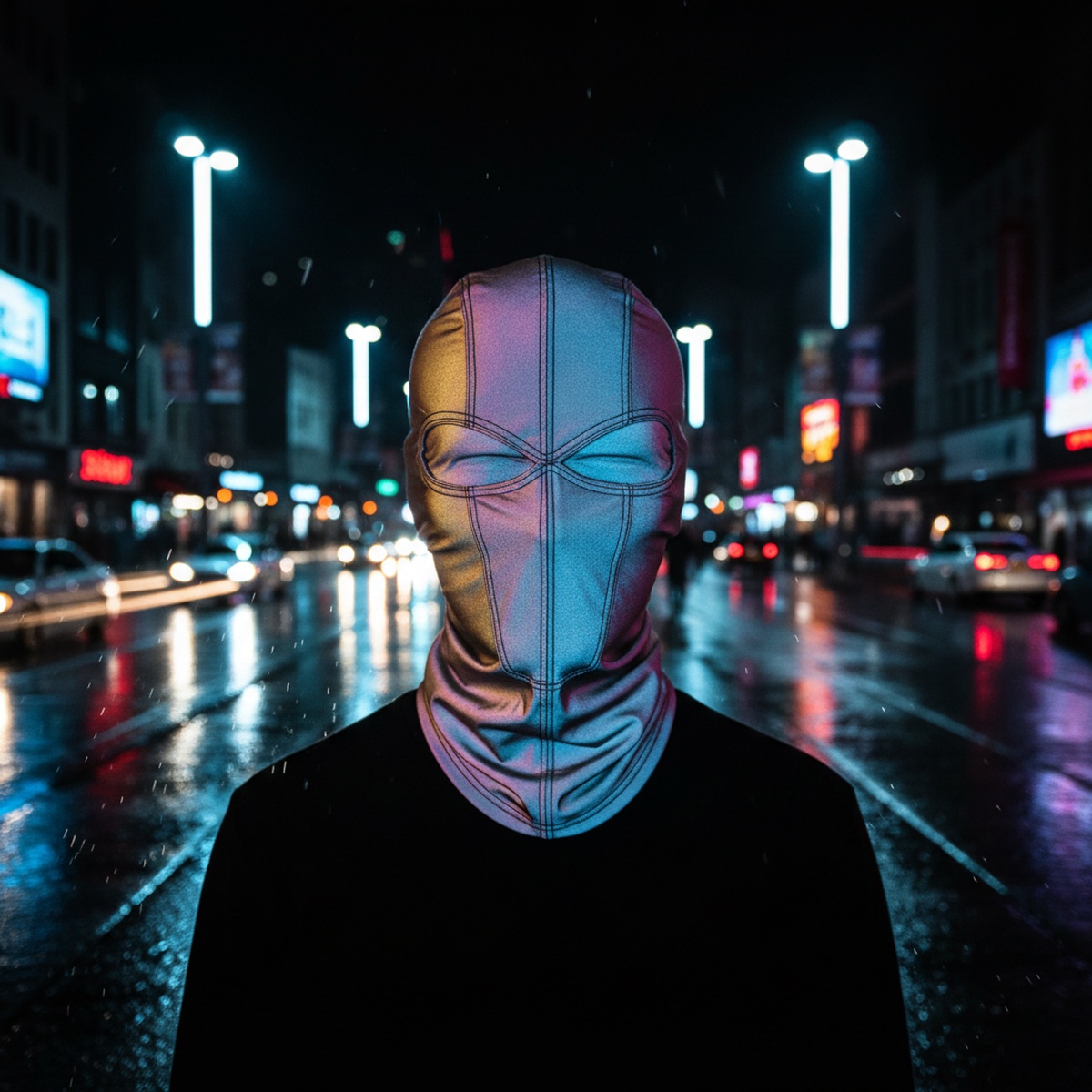 A reflective mask glows under street lamps on wet city pavement at night.