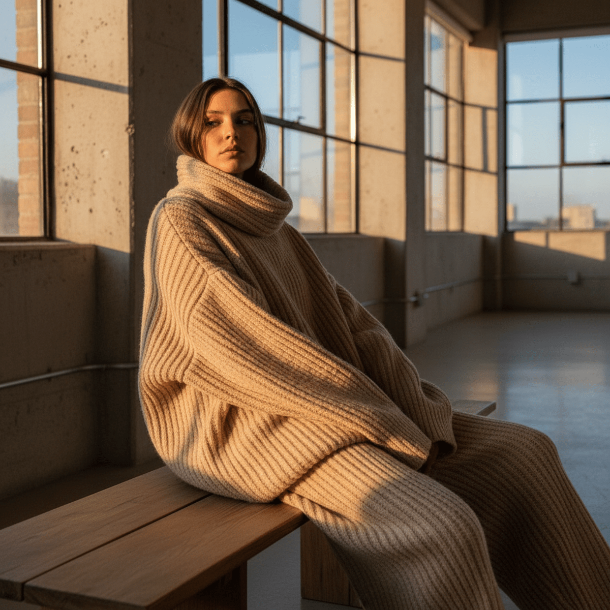 Modern oversized puffy ribbed sweater in oat milk hue with exaggerated texture.