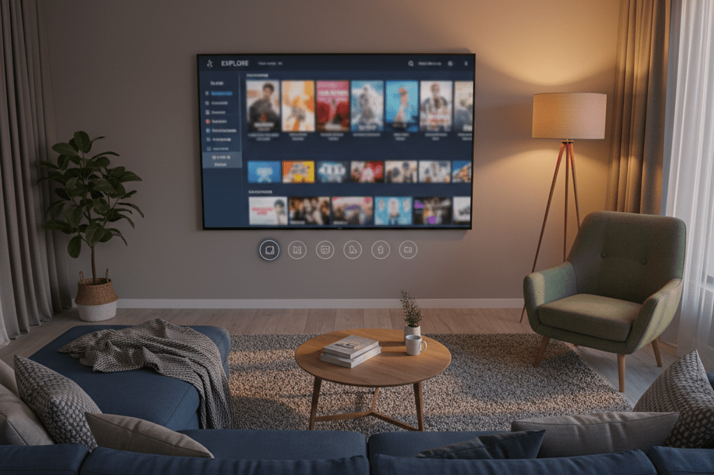 Wide shot of living room with smart TV on streaming menu, showcasing inventory strategy through subtle visual storytelling