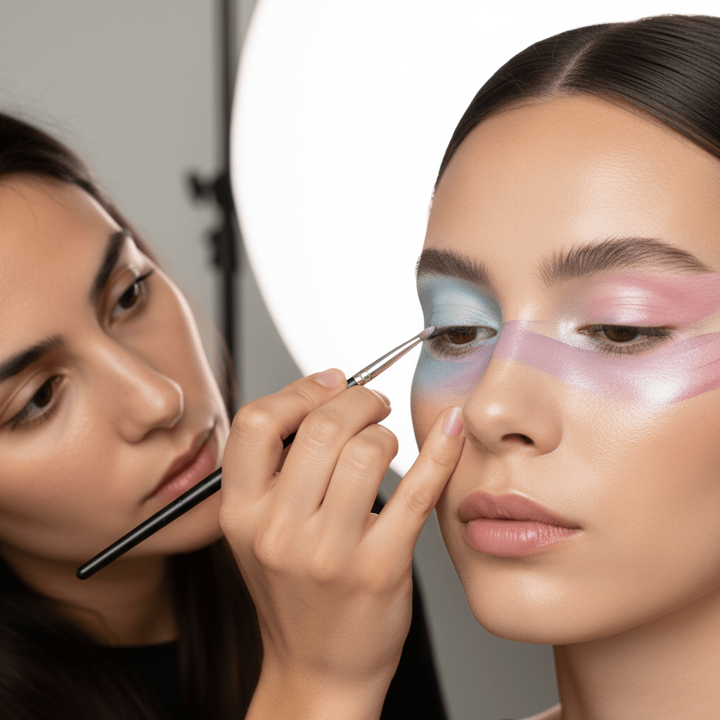 Makeup artist applies pastel watercolor eyeliner creating a smooth gradient on model's eye.