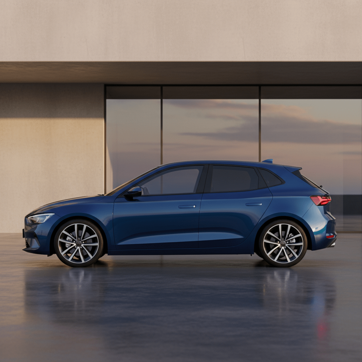 Sporty subcompact car in deep pearl blue with hidden rear door handles.