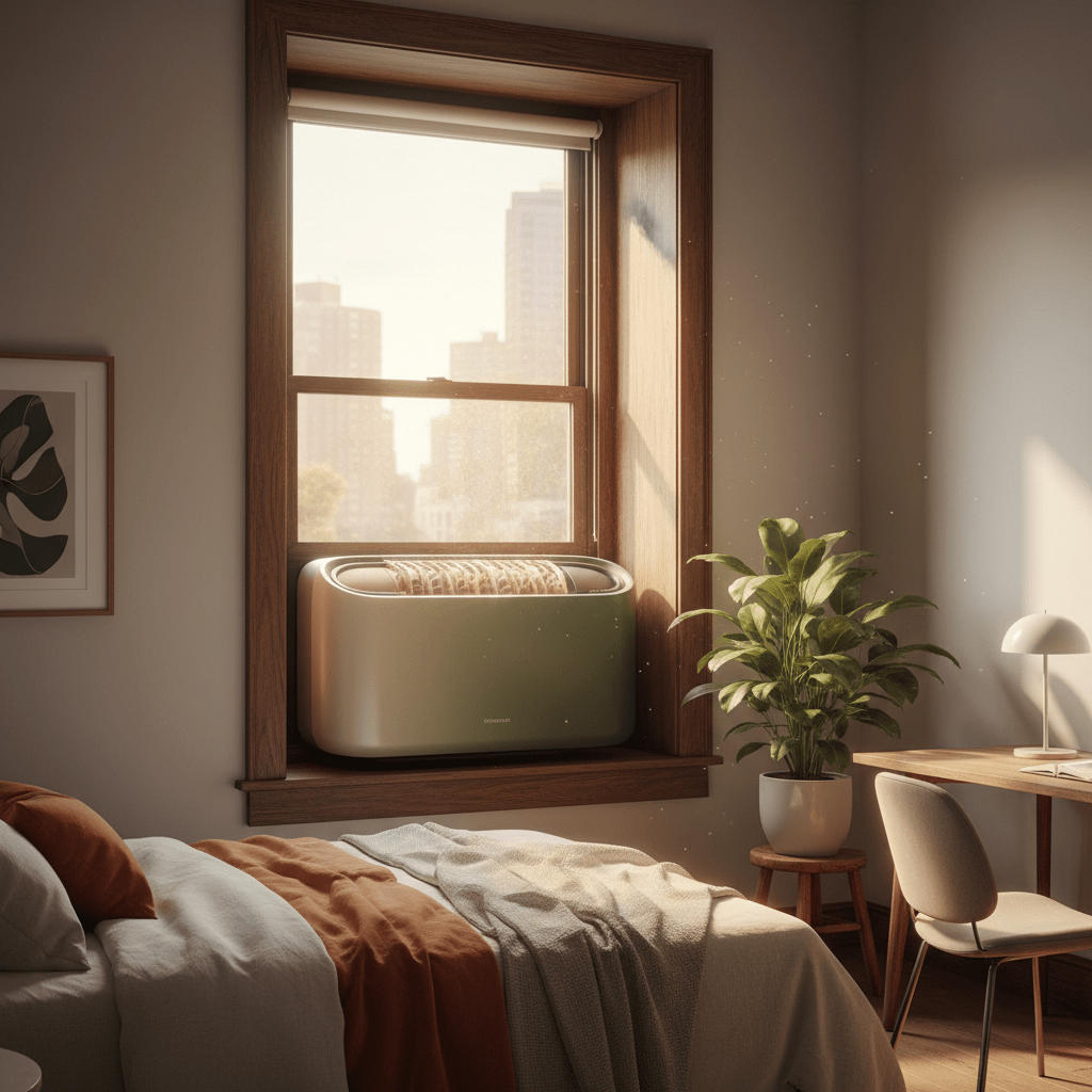 Modern eco-conscious air conditioner seamlessly integrated into a serene bedroom window.