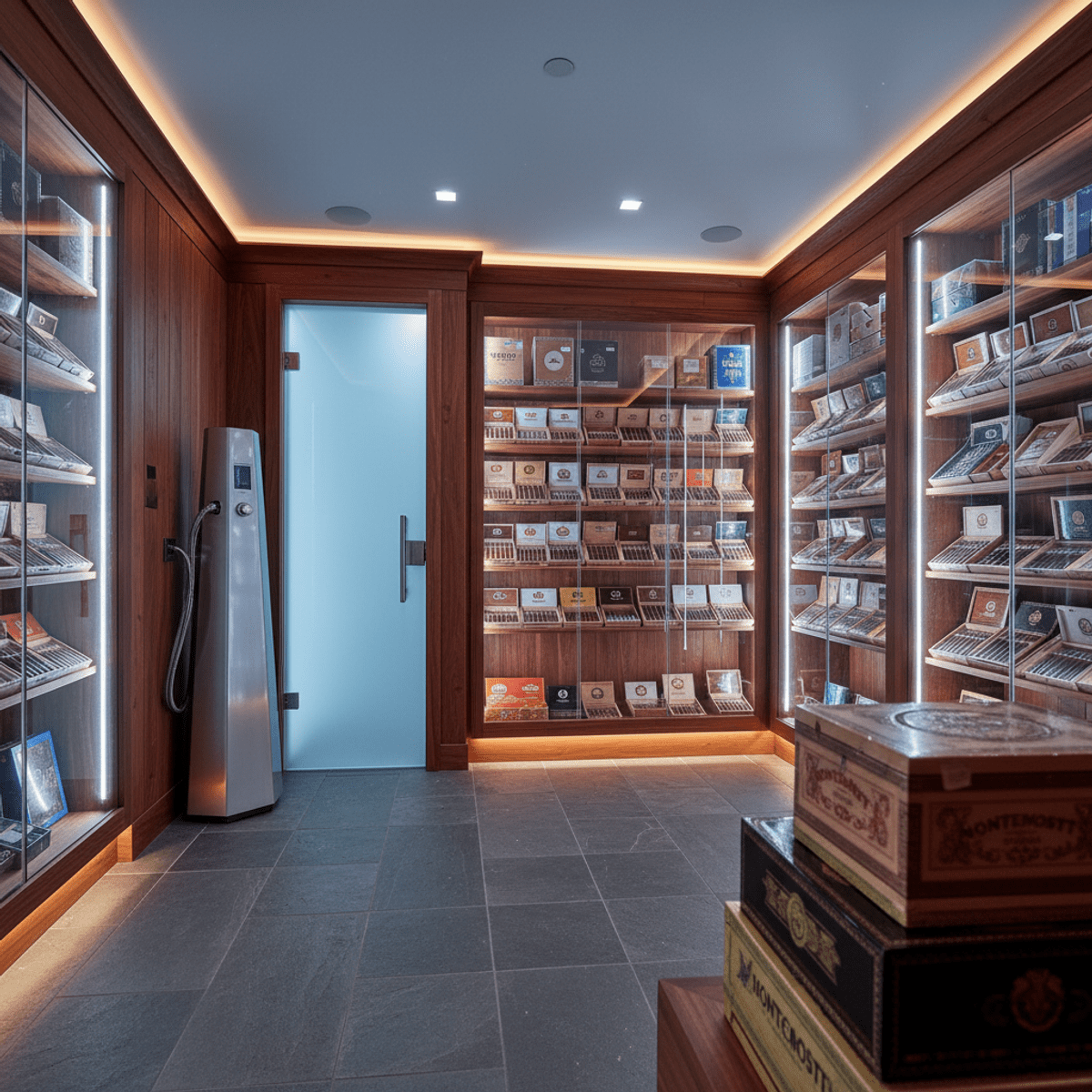 Modern basement humidor with Spanish cedar, glass cabinets, and stainless-steel humidifier.