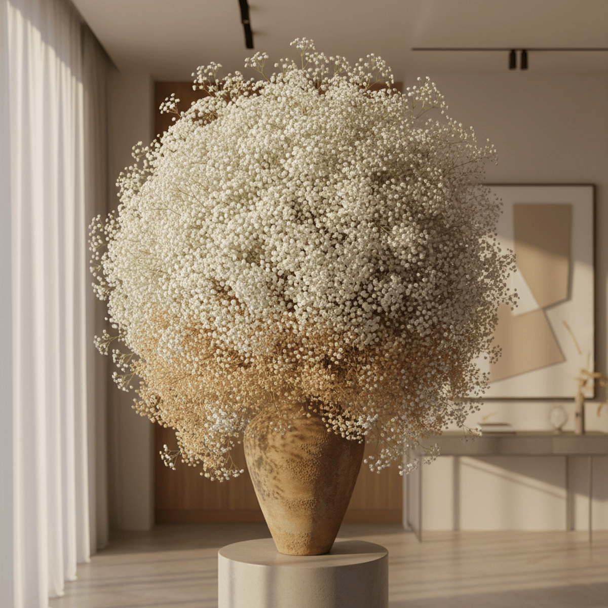 Voluminous white Baby's Breath spills from a terracotta vase in a modern entryway.