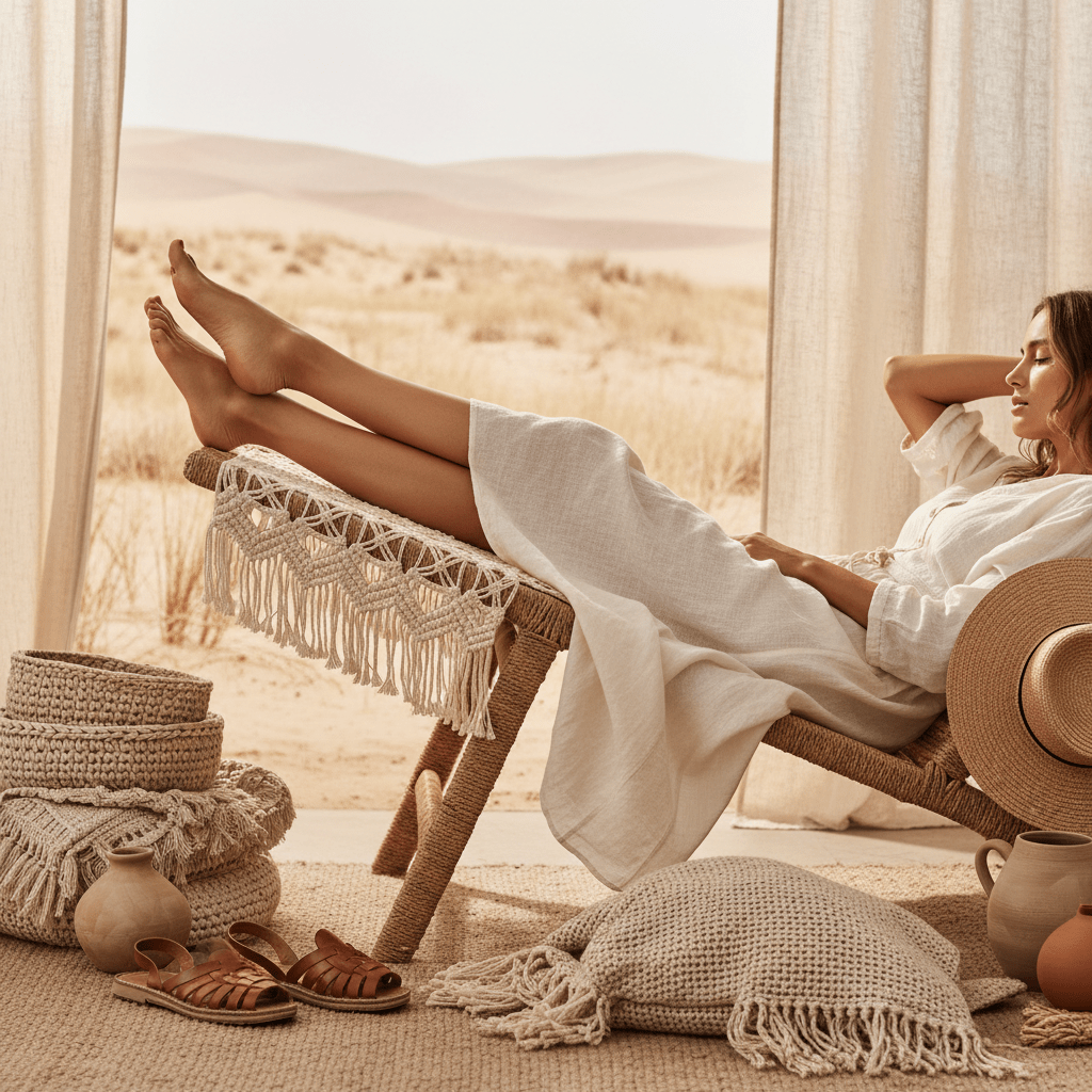 Woman relaxing in a bohemian lounge chair with terracotta pedicure and natural accessories.