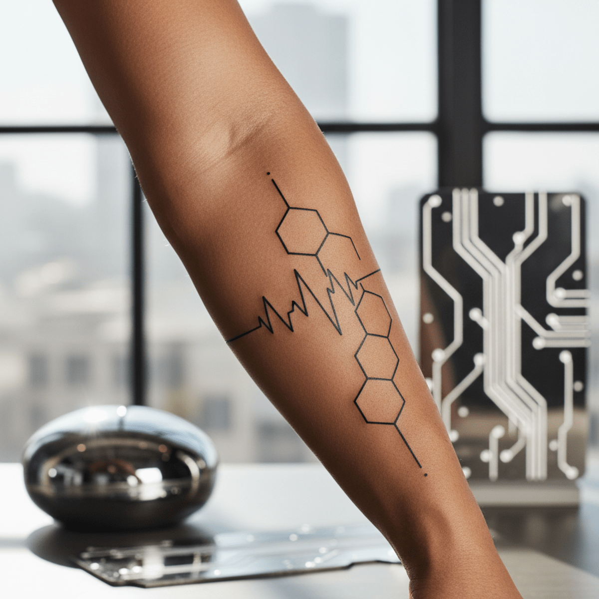 Sleek geometric and soundwave tattoo on forearm Minimalist geometric and soundwave tattoo on a man's forearm in sharp black ink.