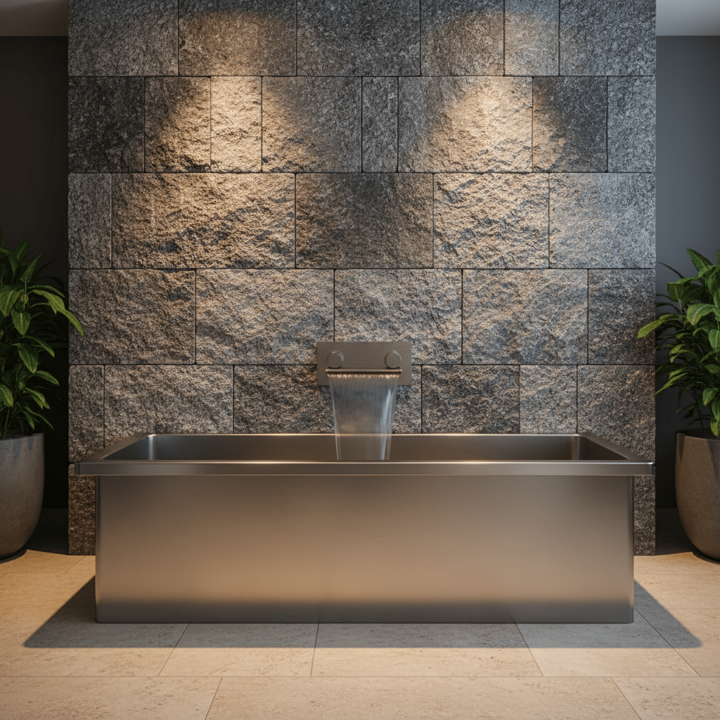 Modern rustic spa bathroom with a sleek stainless steel tub and rough granite backdrop.