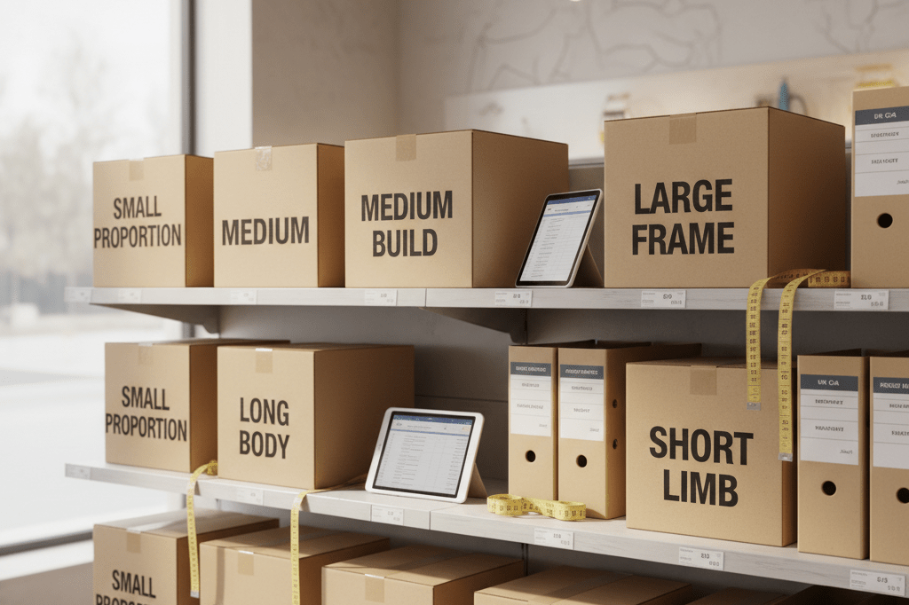 Restructured pet supply shelf with measurement labels and compliance docs under natural light