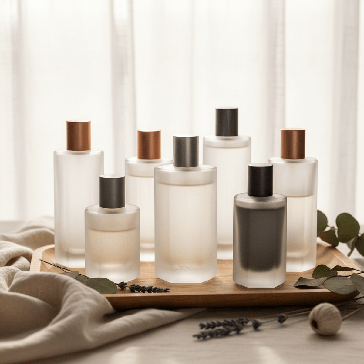 Refillable cologne bottles made from frosted recycled glass on a wooden tray.