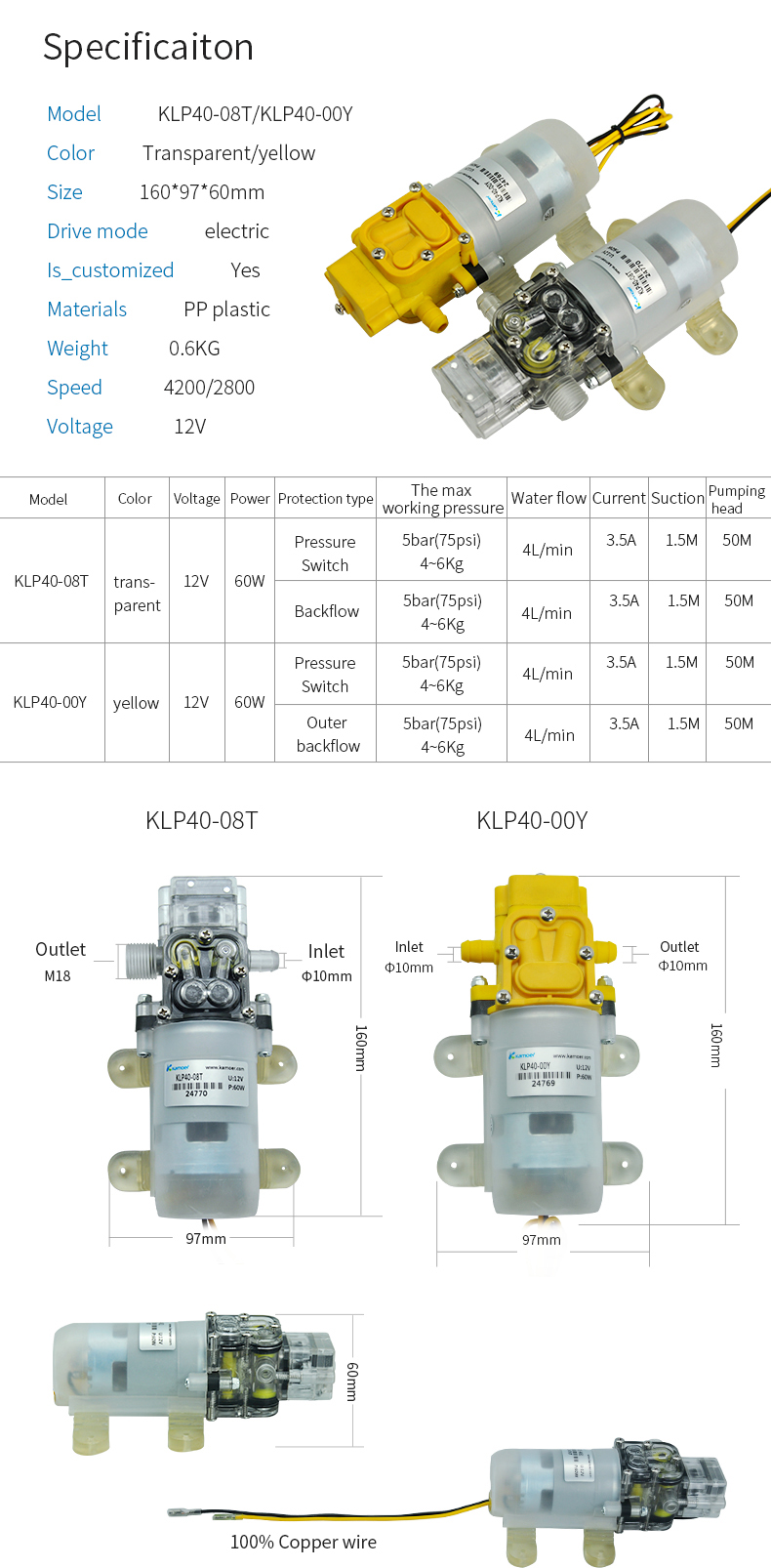 Kamoer KLP40 12V diaphragm water pump automatic 4000 ml min car wash pump