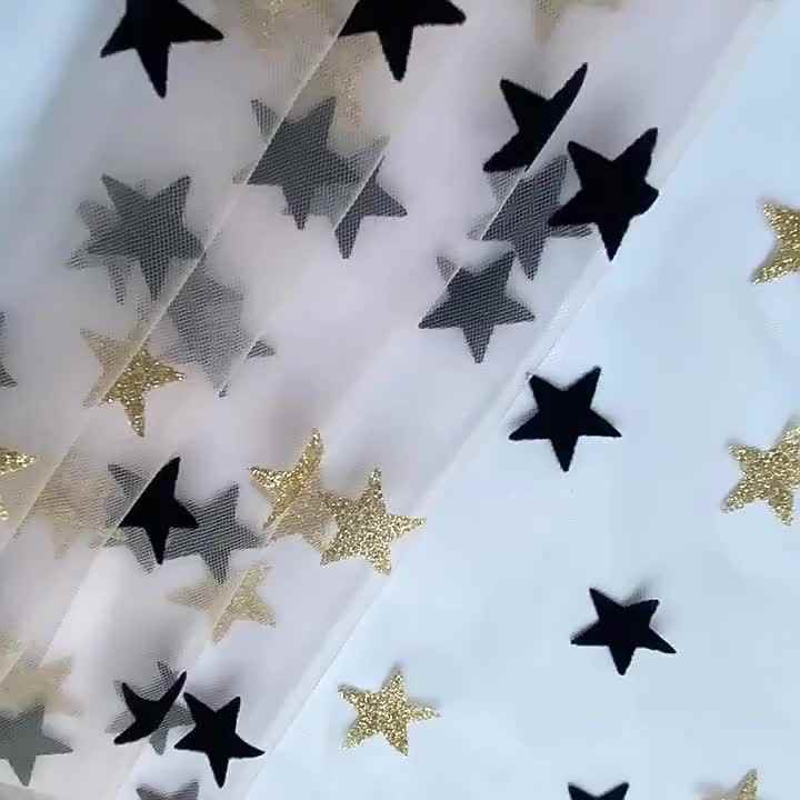 RTS 100% Nylon Gold Glitter Black Flocked Star Mesh Fabric for Dress