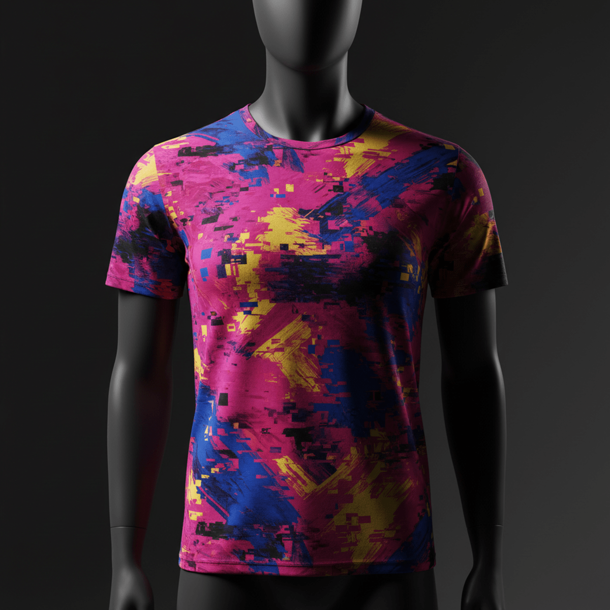 Vivid digital brushstrokes and glitch effects on a t-shirt pattern.