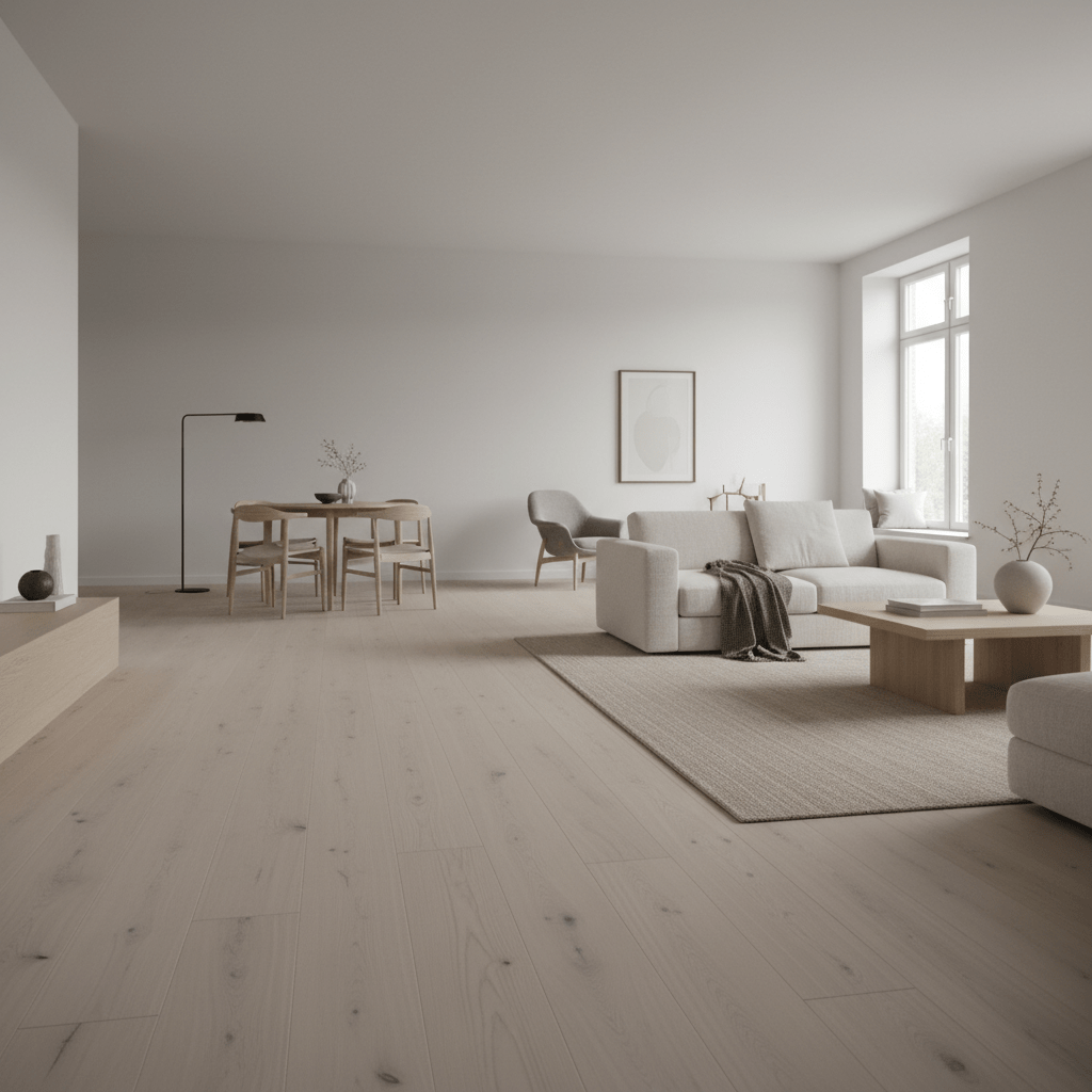 Light matte engineered hardwood flooring in a spacious, minimalist Scandinavian Japandi living area.