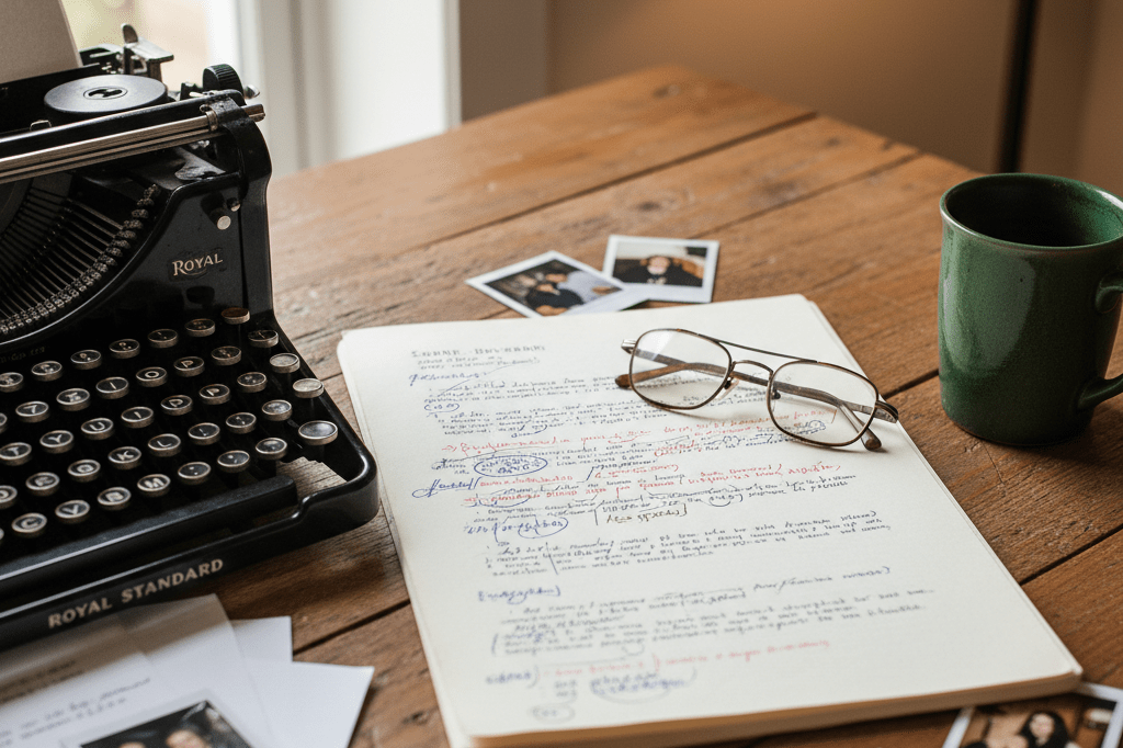 Open script with handwritten notes, reading glasses, and subtle storytelling props under natural light, evoking layered storytelling techniques
