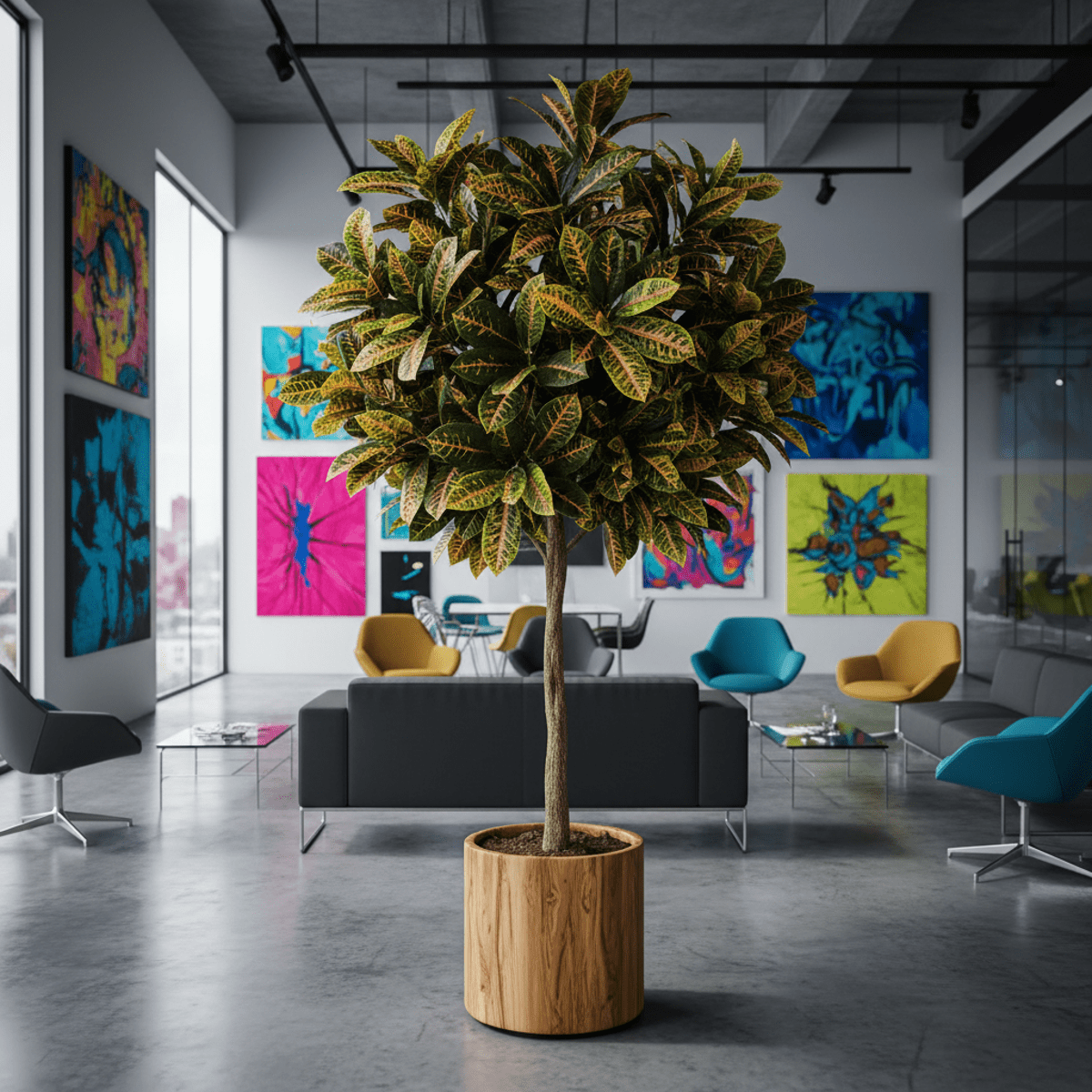 Vibrant faux croton tree with colorful leaves in a modern office setting.