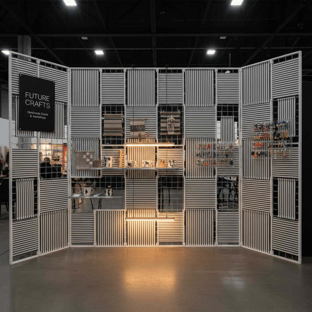 Sleek monochrome fabric-wrapped lattice panels create a modern photo booth backdrop.