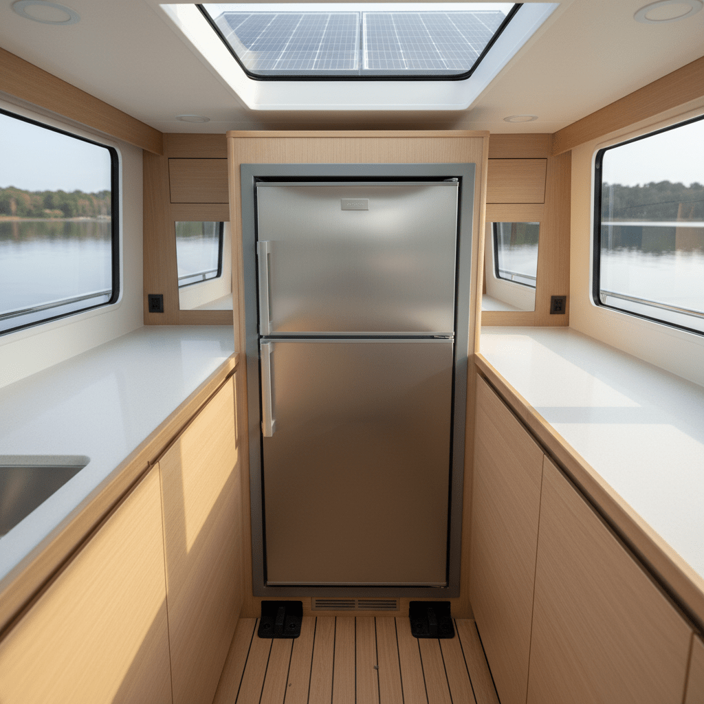Marine-grade solar refrigerator installed in a sleek houseboat galley with stainless steel finish.