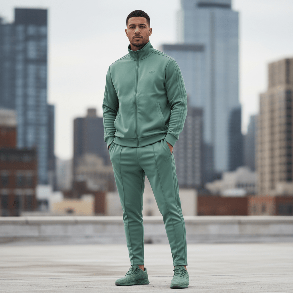 Male model in sage green 80s hip hop tracksuit on urban rooftop.