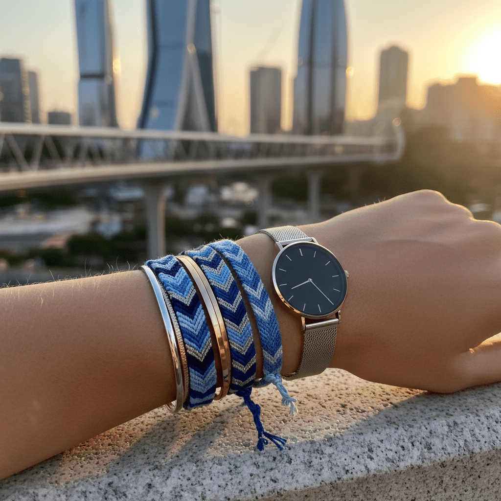 Stacked blue chevron friendship bracelets with silver thread and metal bangles on a rooftop.